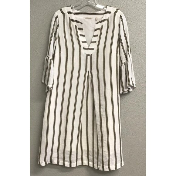 Soft Surroundings Dress Women's Olive Striped Rue Jussieu Linen Blend Small - Picture 1 of 9